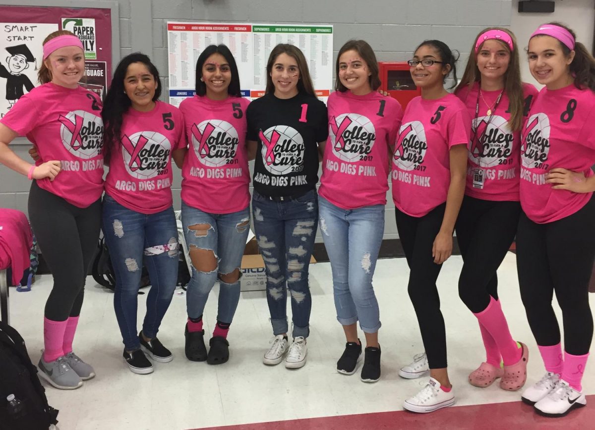 The+Girls+Volleyball+Teams+show+off+their+support+for+breast+cancer+awareness.