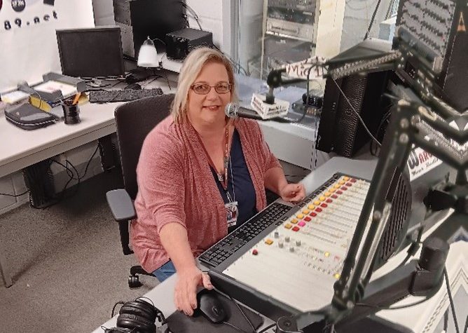 Carol McGowan at the WARG radio station at Argo. 